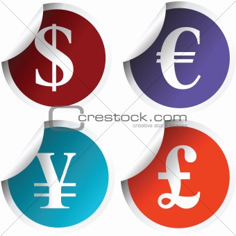 Fresh labels with various international curency signs
