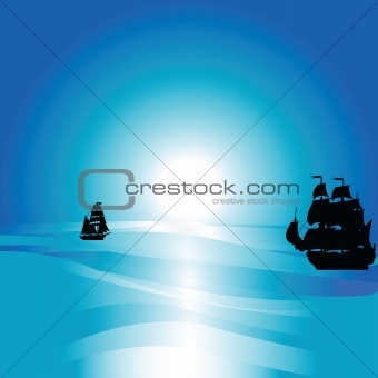 Ocean lendscape with black silhouettes of sailing ship