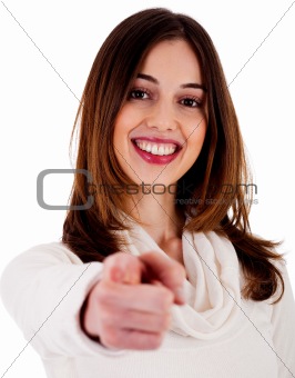 young lady pointing at you