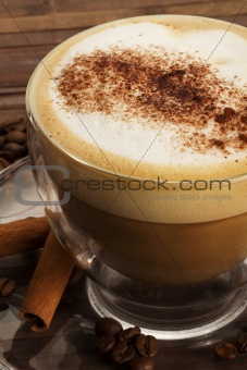cappuccino with chocolate powder and cinnamon sticks