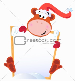 Cute christmas Monkey holding blank banner sign