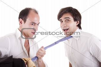 two young businessmen grasping his tie