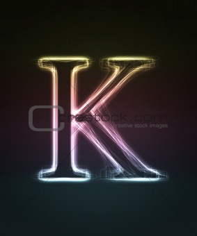 Glowing font. Shiny letter K.