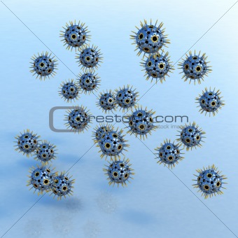 Chrome-golden viruses hovering over blue surface