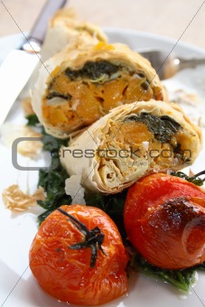 Close-up of filo parcels with roasted tomatoes