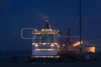 Docked cruiseship by night