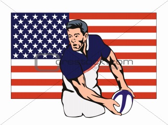 Rugby player passing the ball with American flag