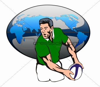 Rugby player passing the ball with world map