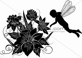Element for design, flower with silhouette elf, illustration