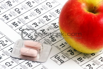 Apple lying on periodic table