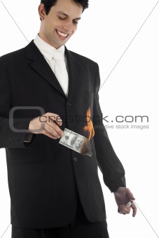 Business Man Burning Money