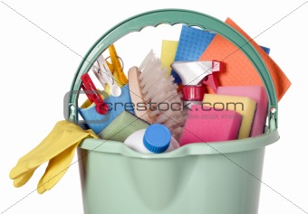 Bucket filled with cleaning industry tools