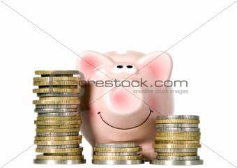 Pig is smiling and standing near money