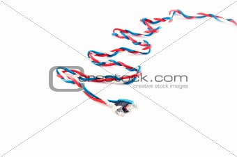 three russian flag color complex patchcords over white backgroun