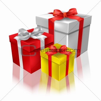 Christmas gifts with reflection on a white background