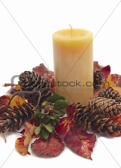 Candle with autumn leaves and pine cones on white
