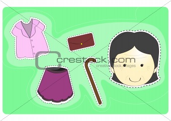 Old woman with variety of clothes for dress-up cartoon vector illustration