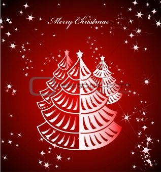 Shiny red background with Christmas tree. Vector