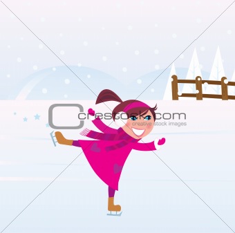 Ice skating little Girl training figure on frozen lake