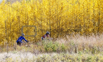 Couple mountain biking on beautiful autumn day