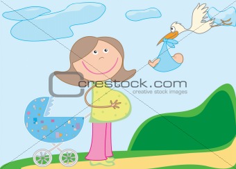 pram, pregnant,stork with baby