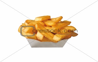 French fries in white box isolated on white background