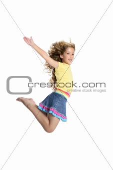 little beautiful girl fly jumping isolated on white