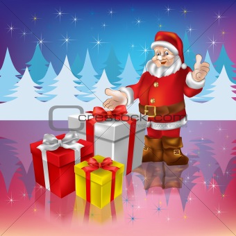 Santa Claus with christmas gifts on a woods background