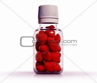 Medical bottle of clear glass with small red hearts inside