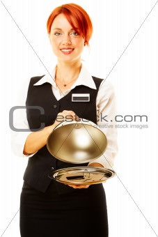 caucasian woman as restaurant waitress is hoding a winch