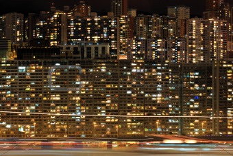 Apartment block at night, Hong, Kong