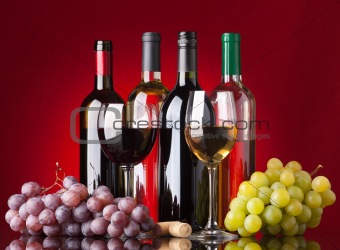Bottles, glasses and grapes