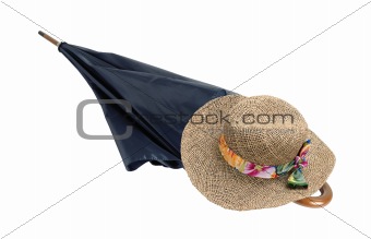 umbrella and hat with colorful bow isolated on the white backgro