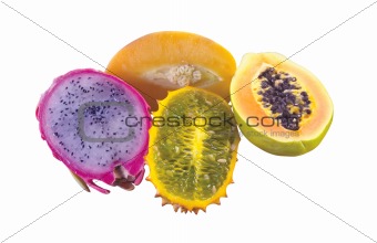Exotic and tropical different fruits isolated on white