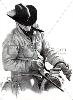 Freehand Pencil Drawing of Cowboy on Horse