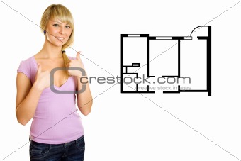 Young girl approves plan apartments