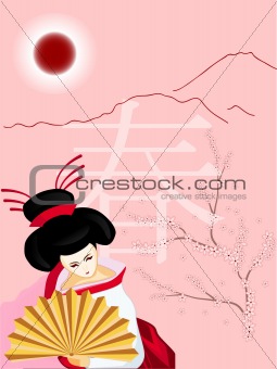 geisha with a fan on spring background