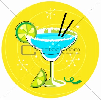 Blue Margarita: Retro cocktail icon on yellow background