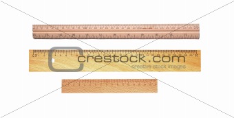 Measuring wooden rulers isolated on white background