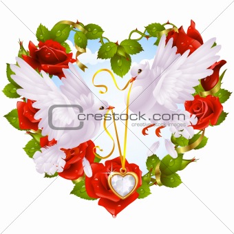Rose garland in the shape of heart and couple dove