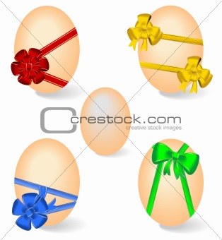 Realistic illustration of set by Easter eggs with bows