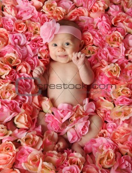 Baby lying in bed of roses