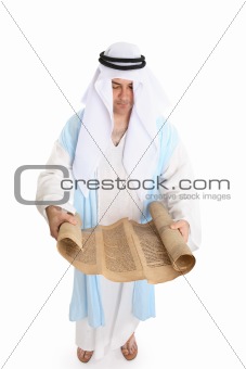 Biblical man or scribe reading holy torah scroll