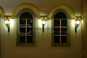 Facade of windows and antique lanterns
