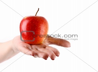An apple on the hand isolated on white
