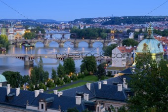 Bridges in Prague over the river Vltava at sunset
