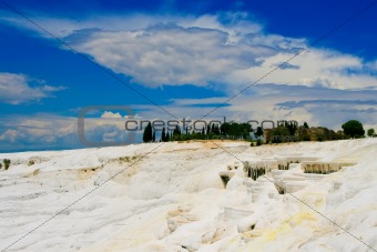 Pamukkale. Turkey. Cotton white mountains. National reserve and tourist attractions. Hot Springs