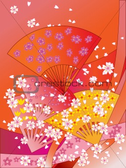 vector japanese fans, ribbons and flowers