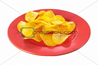 potato chips on plate isolated on white background