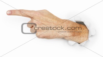 Man's hand indicates direction
